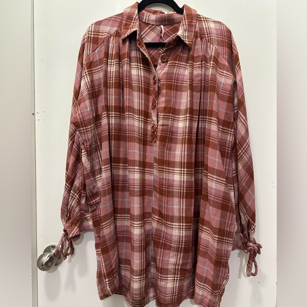 Free People Zoey Plaid Shirt Dress in Pink and Brown Sz XS - Picture 3 of 7